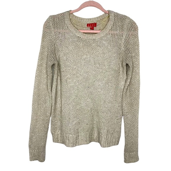 ELLE Cream Colored Crew Neck Sweater with Metallic Threads Woven Throughout M - Picture 2 of 6